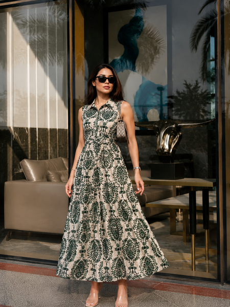 Green Printed Rayon Fit & Flare Dress for Woman