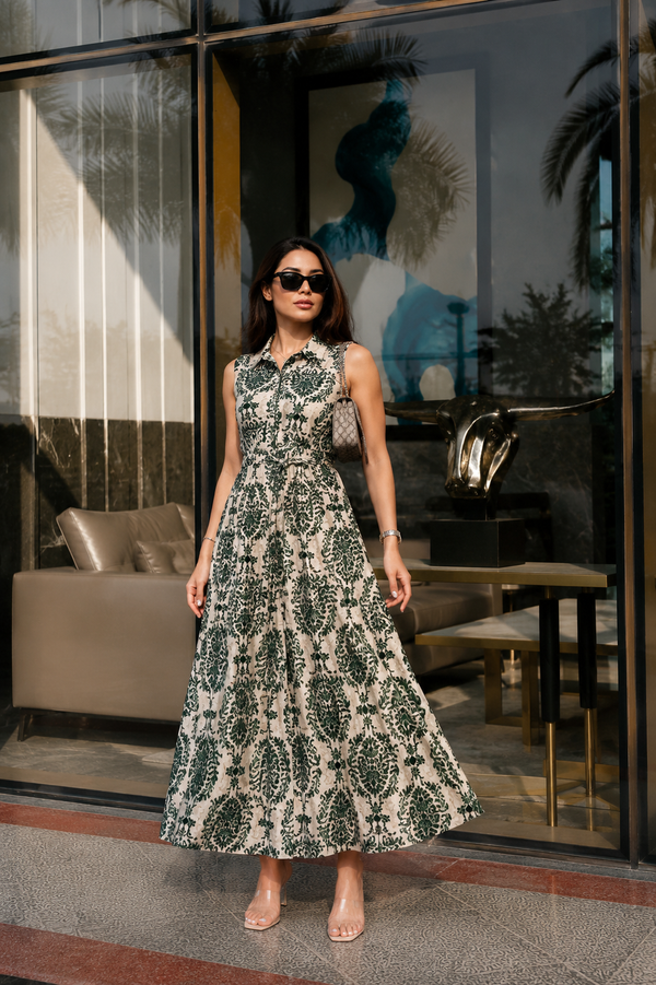 Green Printed Rayon Fit & Flare Dress for Woman