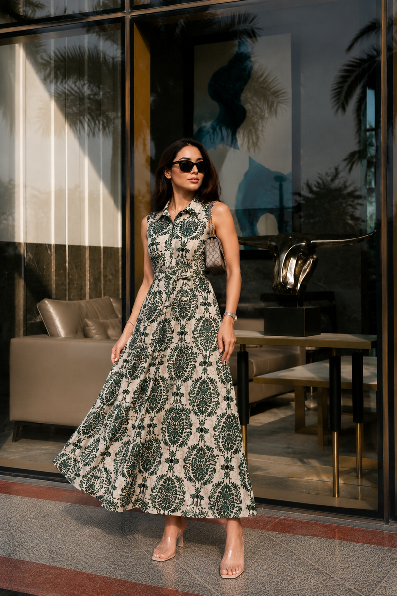 Green Printed Rayon Fit & Flare Dress for Woman