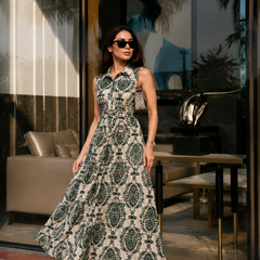 Green Printed Rayon Fit & Flare Dress for Woman