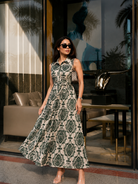 Green Printed Rayon Fit & Flare Dress for Woman