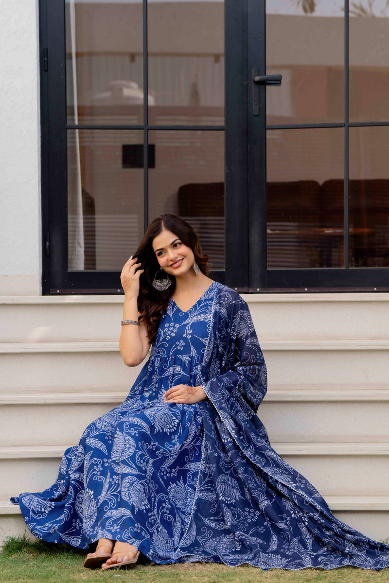 Blue Pure Cotton Printed Anarkali Kurta Set for Women
