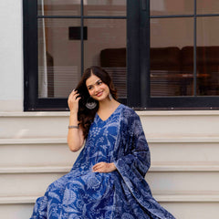 Blue Pure Cotton Printed Anarkali Kurta Set for Women