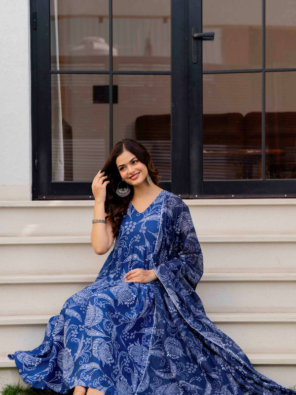 Blue Pure Cotton Printed Anarkali Kurta Set for Women
