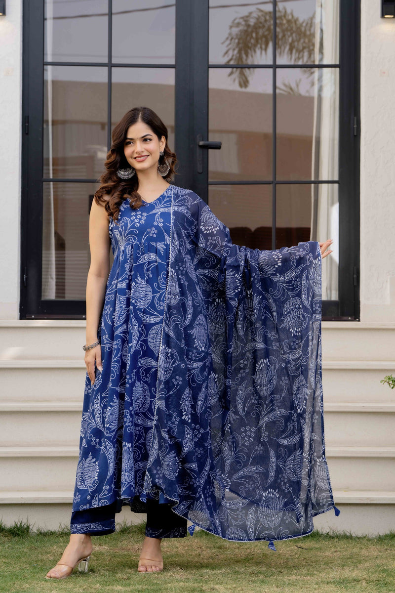 Blue Pure Cotton Printed Anarkali Kurta Set for Women