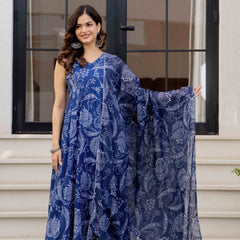 Blue Pure Cotton Printed Anarkali Kurta Set for Women