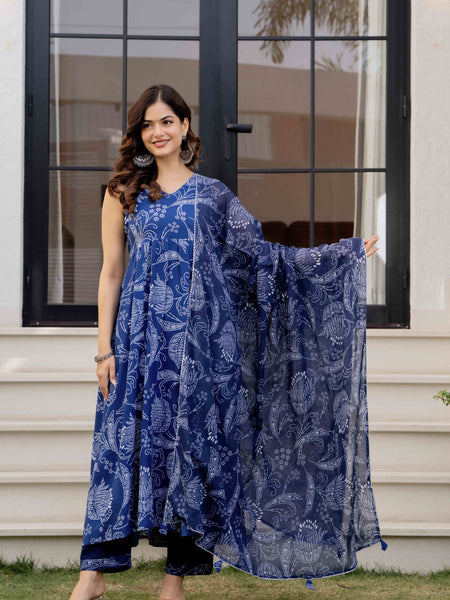 Blue Pure Cotton Printed Anarkali Kurta Set for Women