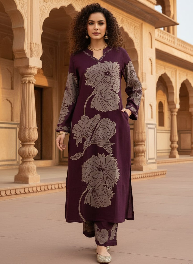 Deep Purple Cotton Kurta Set with Classic Everyday Comfort