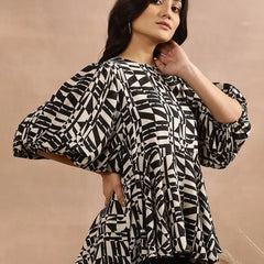 Beige & Black Geometric Printed A-Line Top