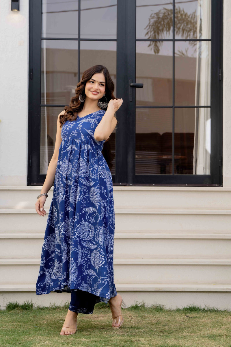 Blue Pure Cotton Printed Anarkali Kurta Set for Women