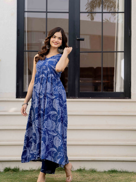 Blue Pure Cotton Printed Anarkali Kurta Set for Women