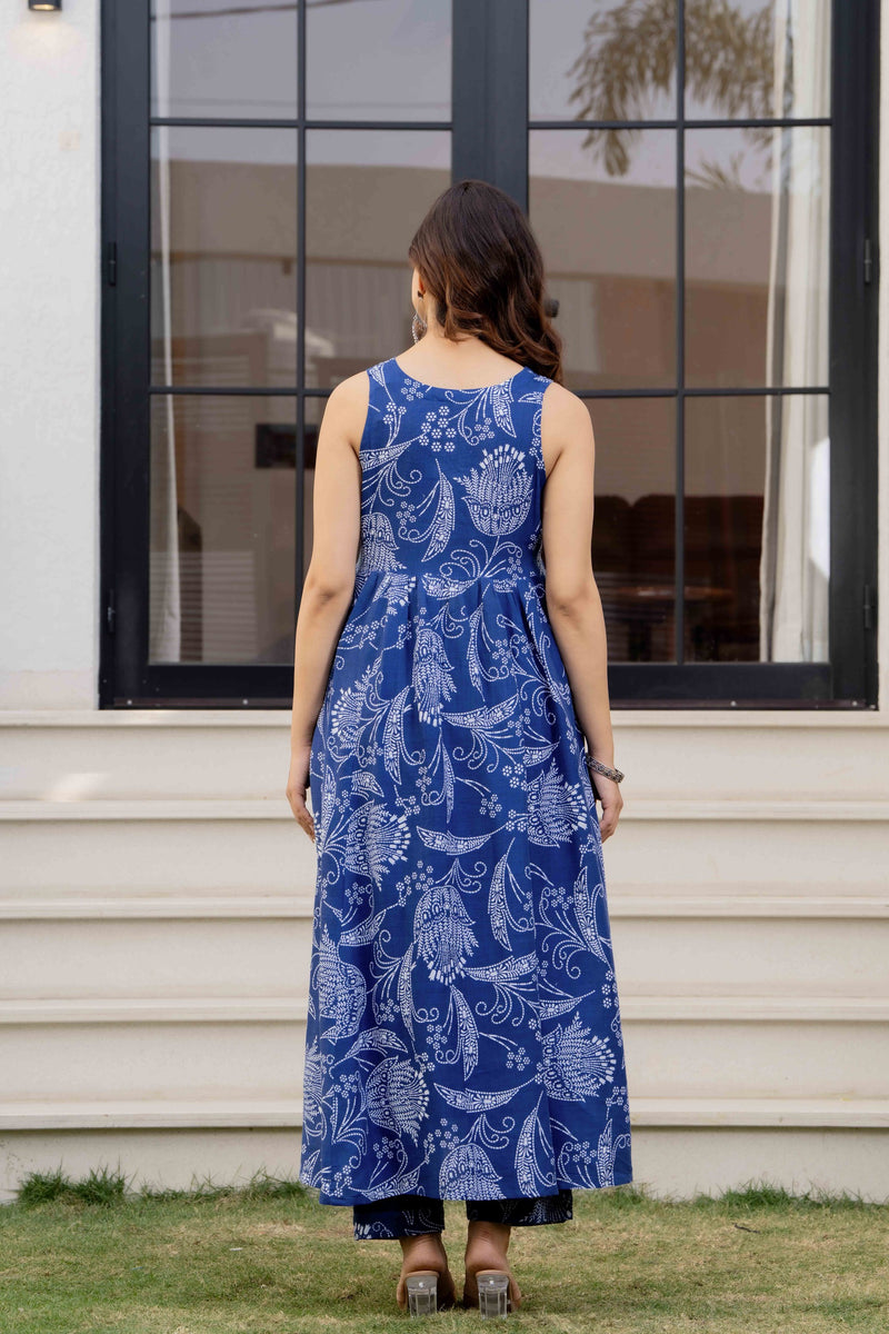 Blue Pure Cotton Printed Anarkali Kurta Set for Women