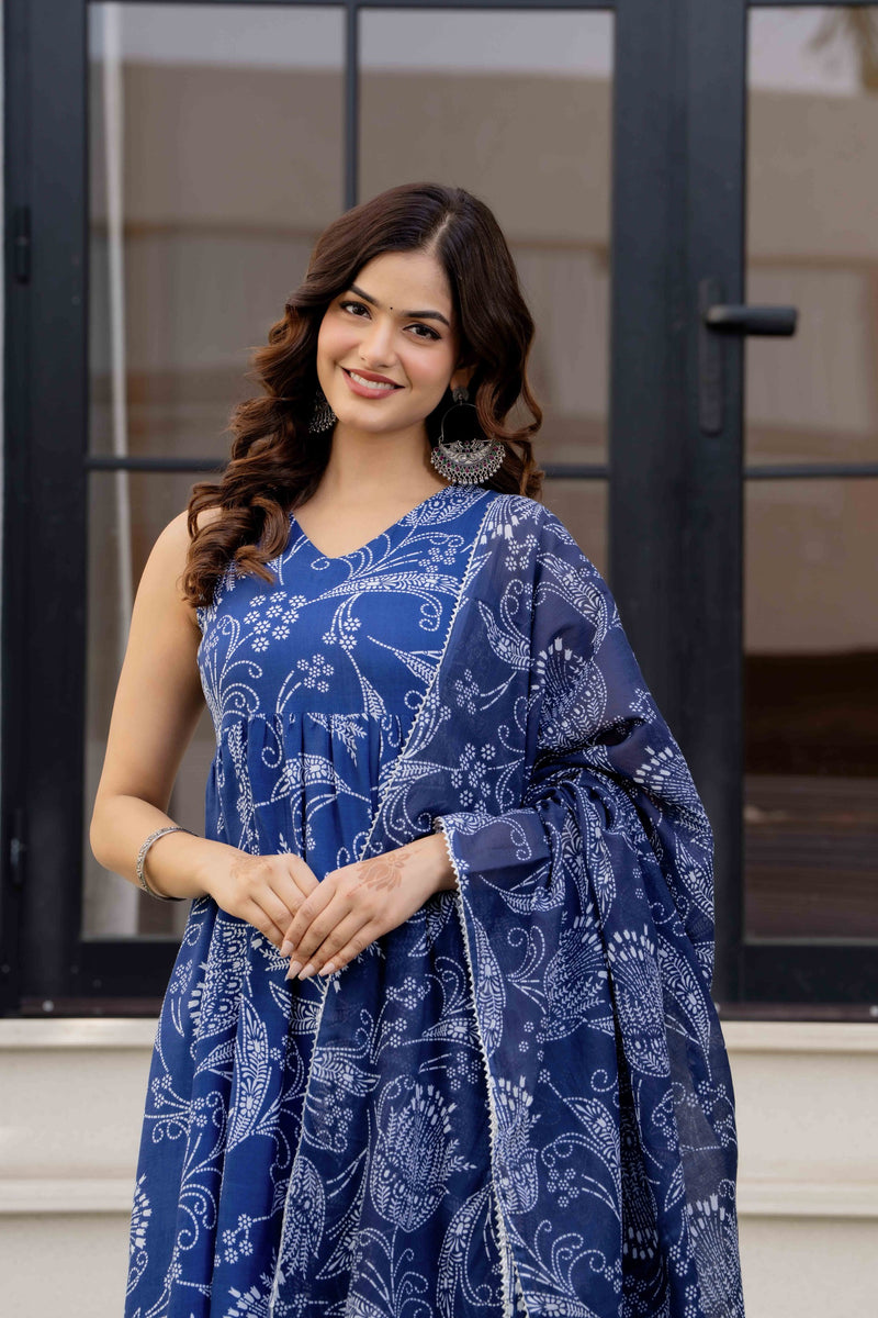 Blue Pure Cotton Printed Anarkali Kurta Set for Women