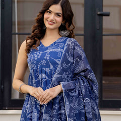 Blue Pure Cotton Printed Anarkali Kurta Set for Women