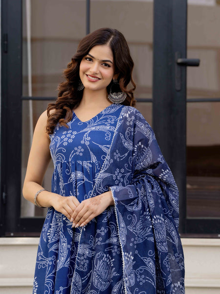 Blue Pure Cotton Printed Anarkali Kurta Set for Women