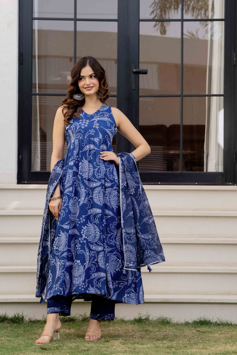 Blue Pure Cotton Printed Anarkali Kurta Set for Women