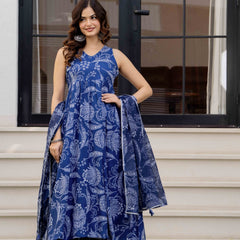 Blue Pure Cotton Printed Anarkali Kurta Set for Women