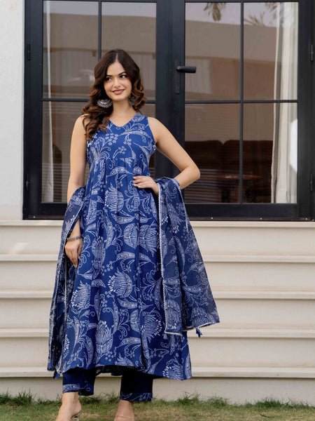 Blue Pure Cotton Printed Anarkali Kurta Set for Women