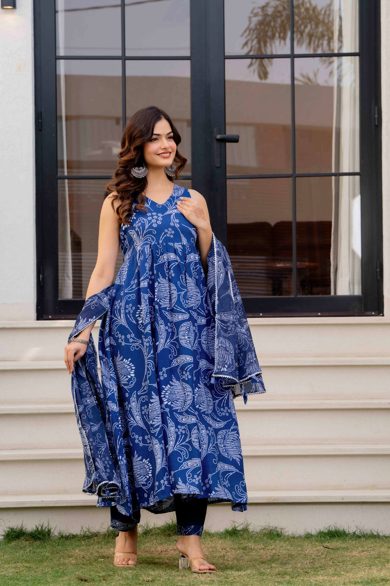 Blue Pure Cotton Printed Anarkali Kurta Set for Women