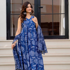 Blue Pure Cotton Printed Anarkali Kurta Set for Women