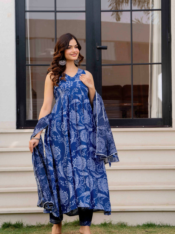 Blue Pure Cotton Printed Anarkali Kurta Set for Women
