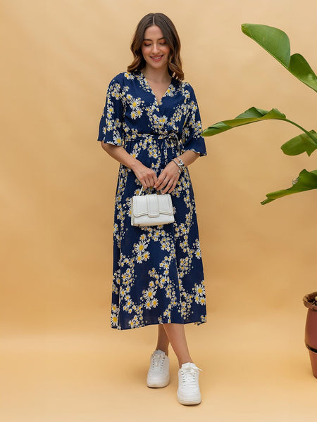 MANOJAVA Women Blue Rayon Fit & Flare Dress