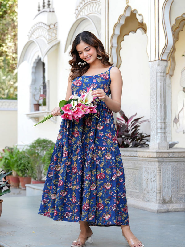 MANOJAVA Women Blue Rayon Fit & Flare Dress