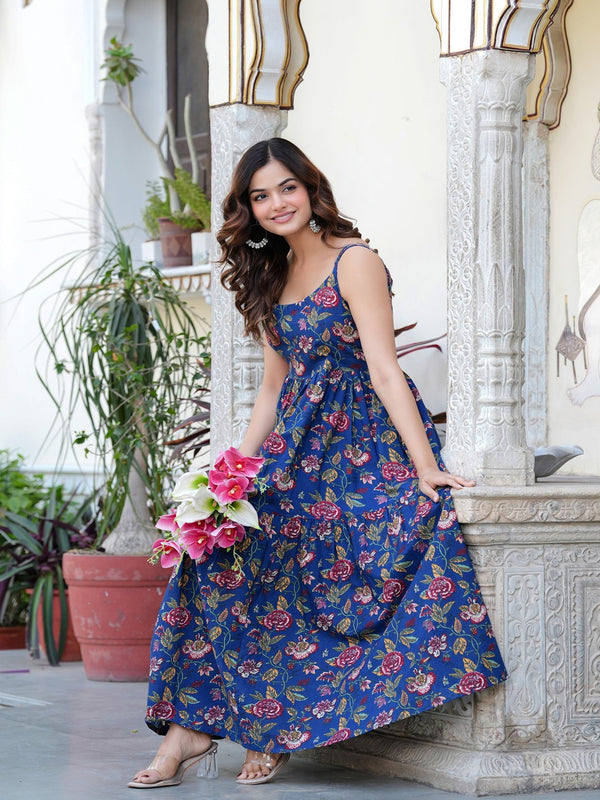 MANOJAVA Women Blue Rayon Fit & Flare Dress