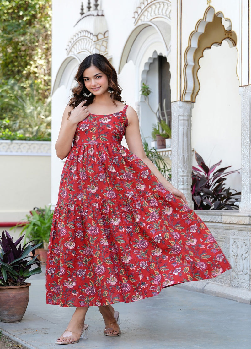 MANOJAVA Women Red Rayon Fit & Flare Dress