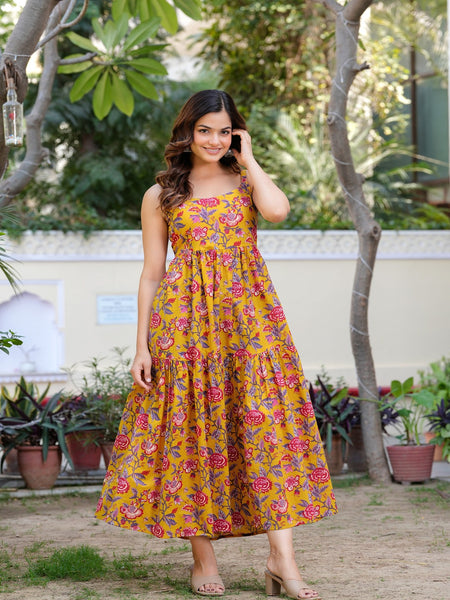 MANOJAVA Women Yellow Rayon Fit & Flare Dress