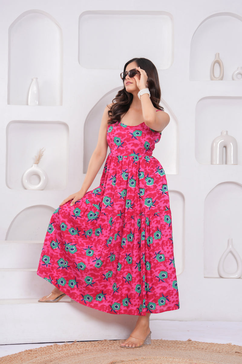 Casual pink floral summer dress for female

