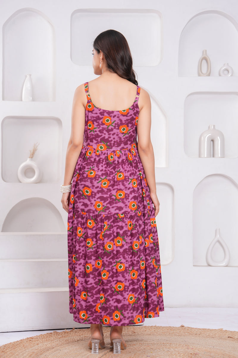 Purple floral rayon fit and flare dress for female
