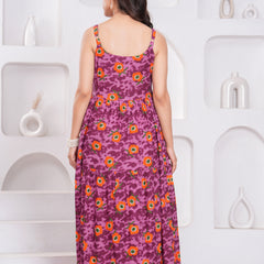 Purple floral rayon fit and flare dress for female
