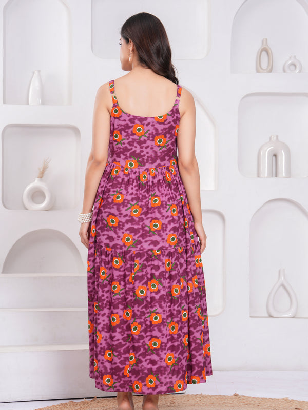 Purple floral rayon fit and flare dress for female
