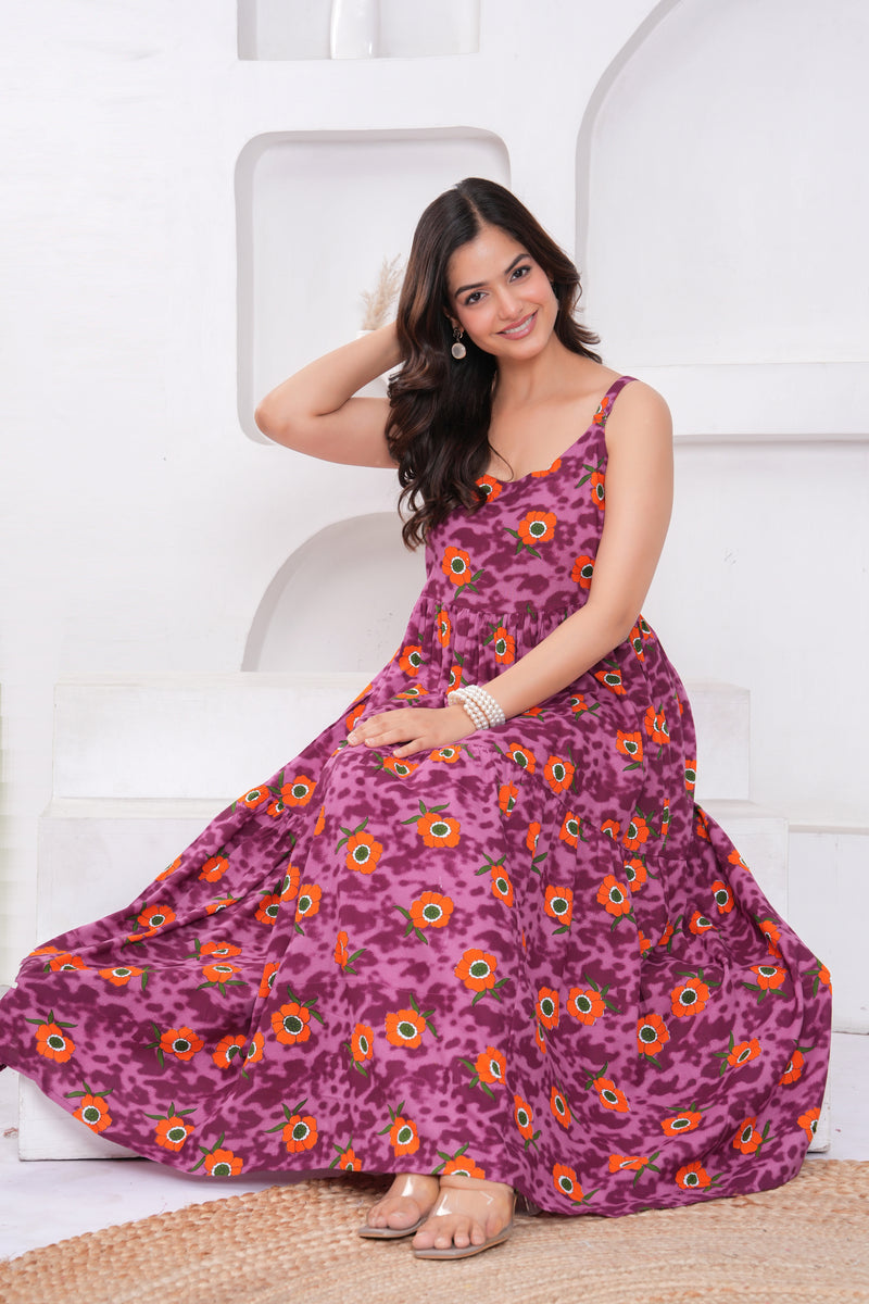 Female square neck purple floral dress
