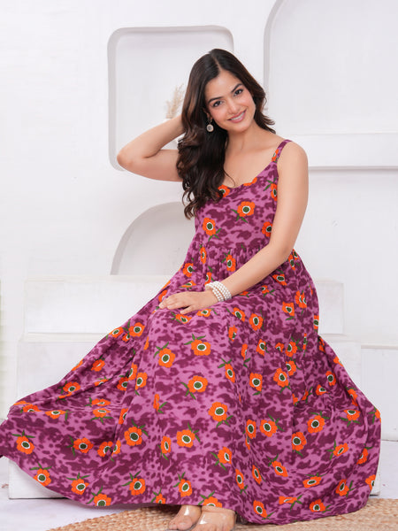 Female square neck purple floral dress
