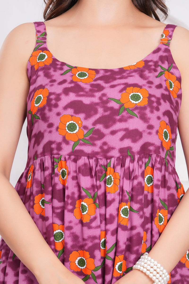 Purple floral calf length rayon dress female
