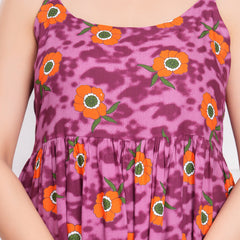 Purple floral calf length rayon dress female
