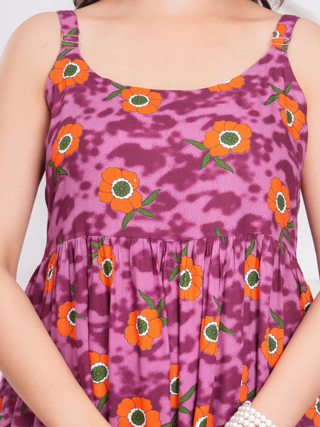 Purple floral calf length rayon dress female
