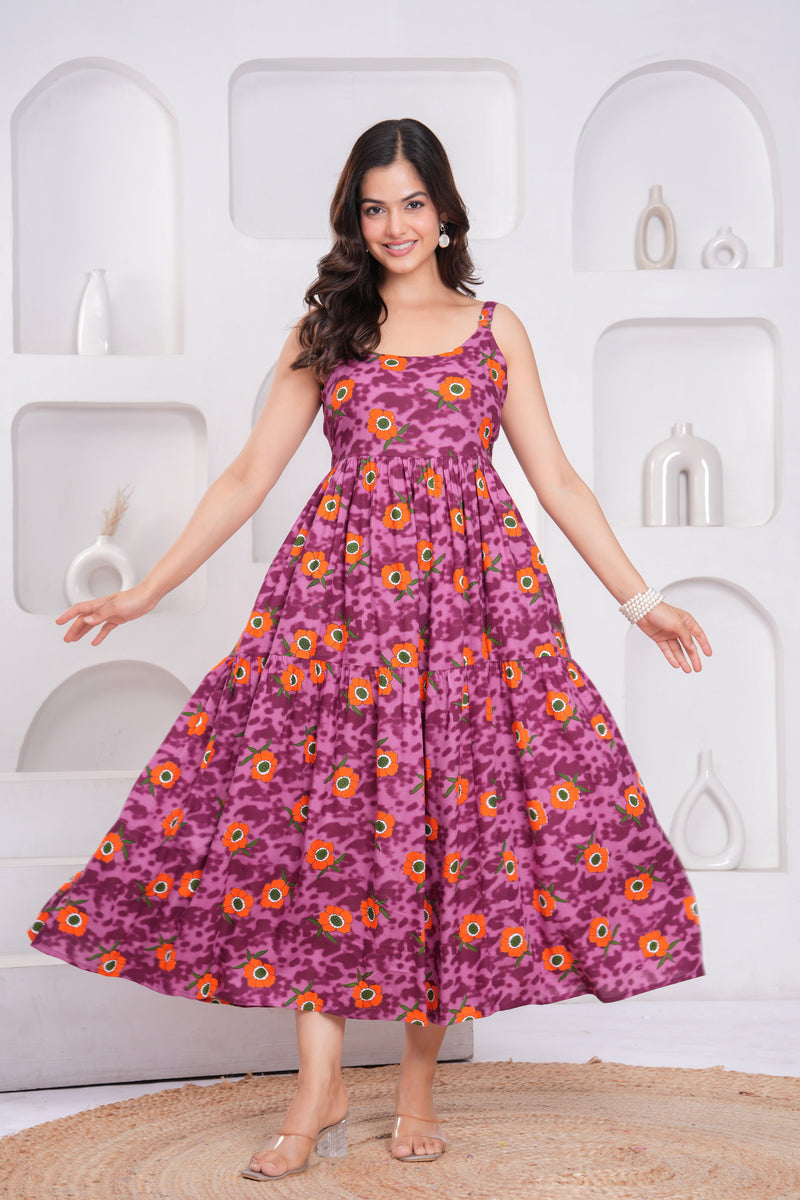 Female purple sleeveless floral dress front view
