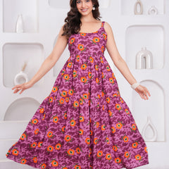 Female purple sleeveless floral dress front view
