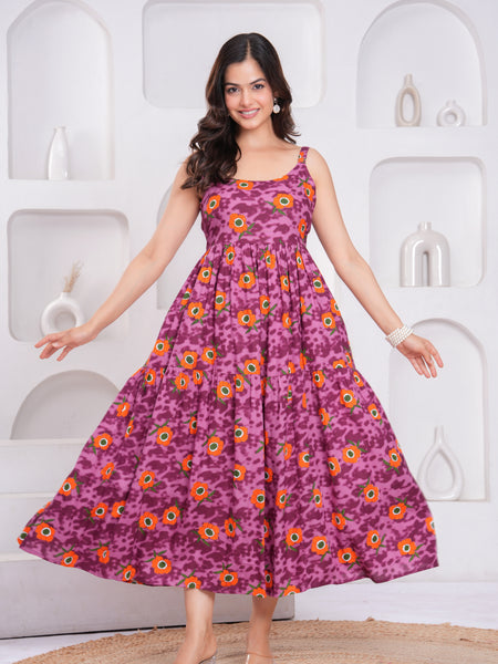 Female purple sleeveless floral dress front view
