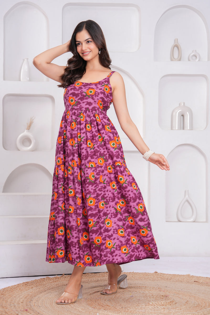 Casual purple floral summer dress female
