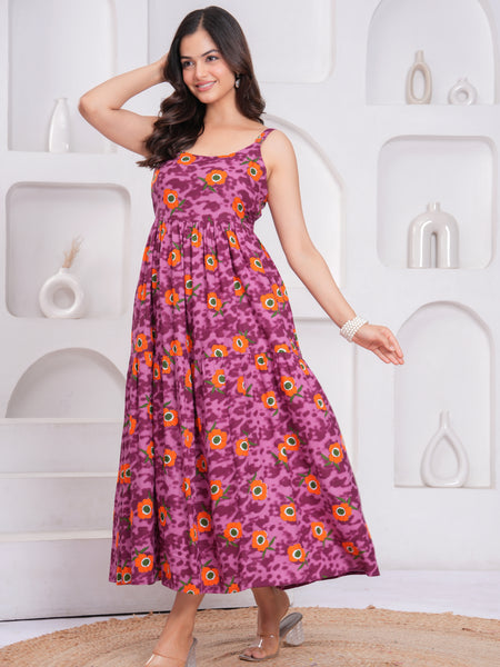 Casual purple floral summer dress female
