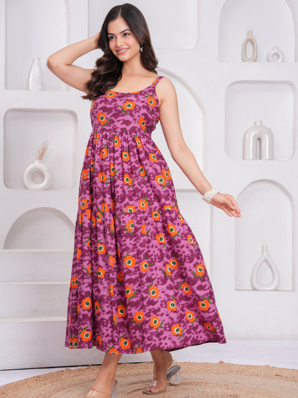 Casual purple floral summer dress female

