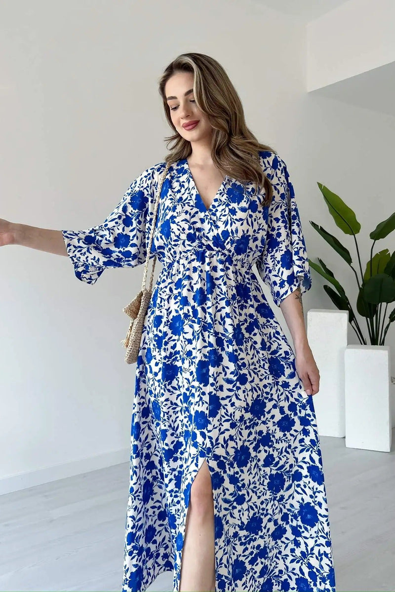Casual wear blue floral fit & flare dress lady