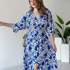 Casual wear blue floral fit & flare dress lady