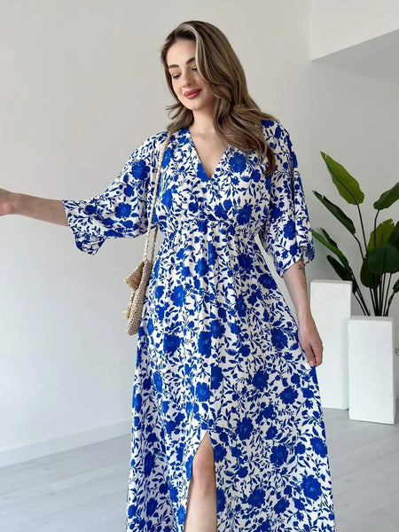 Casual wear blue floral fit & flare dress lady