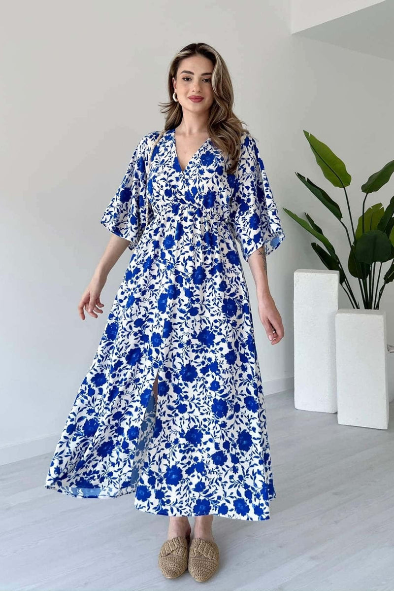 Lady blue floral rayon fit & flare dress front view