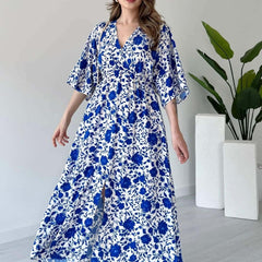 Lady blue floral rayon fit & flare dress front view
